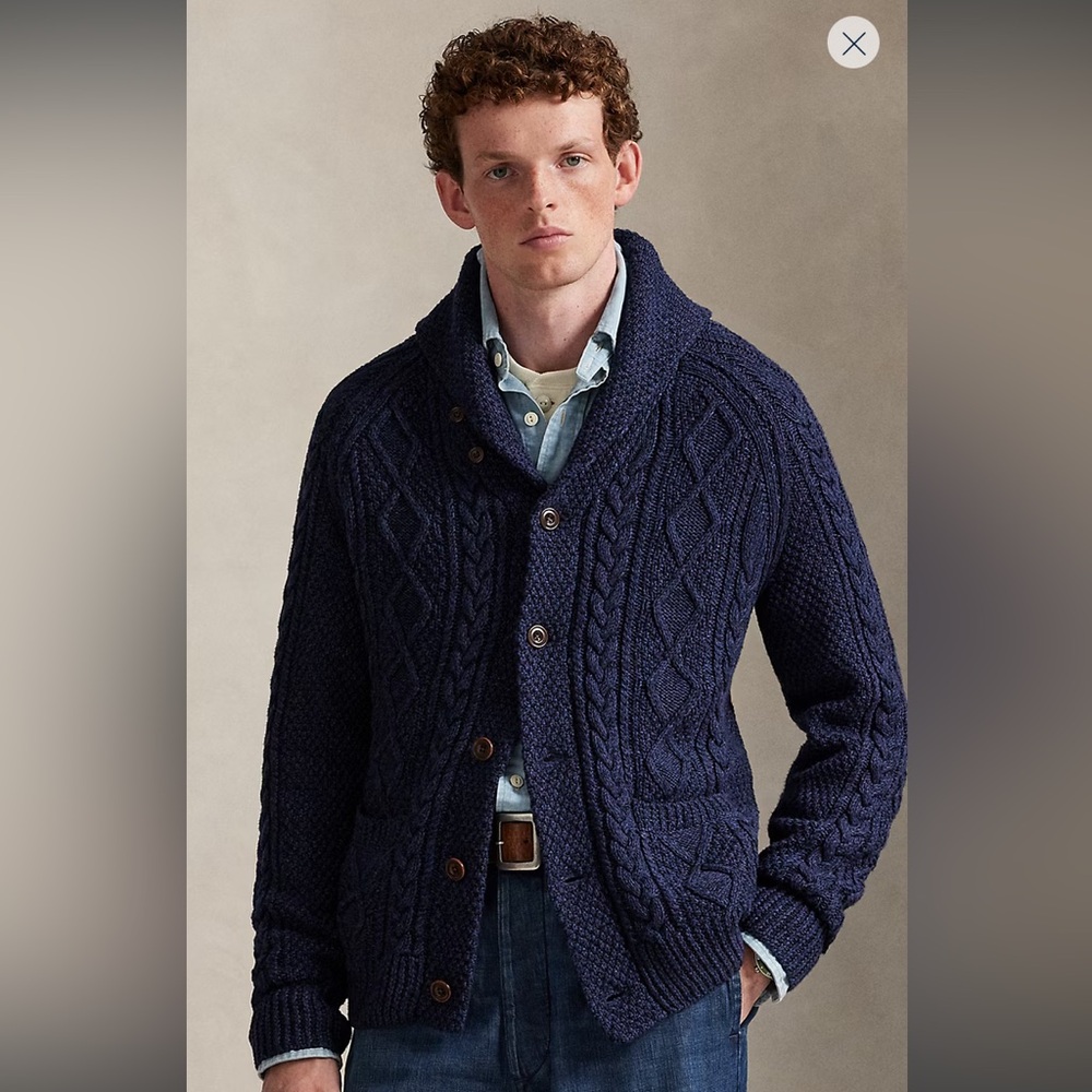 Men's Medium Polo Ralph Lauren Aran-Knit Cotton Shawl-Collar Cardigan - Picture 2 of 9